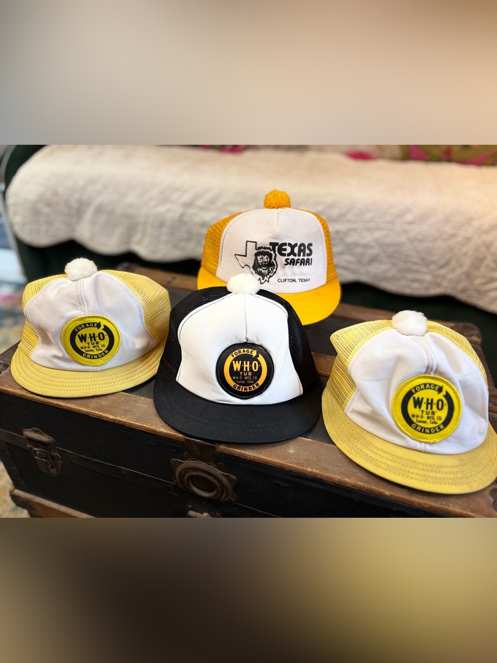Vintage Pom Pom Trucker Hat - Yellow/White Black/White